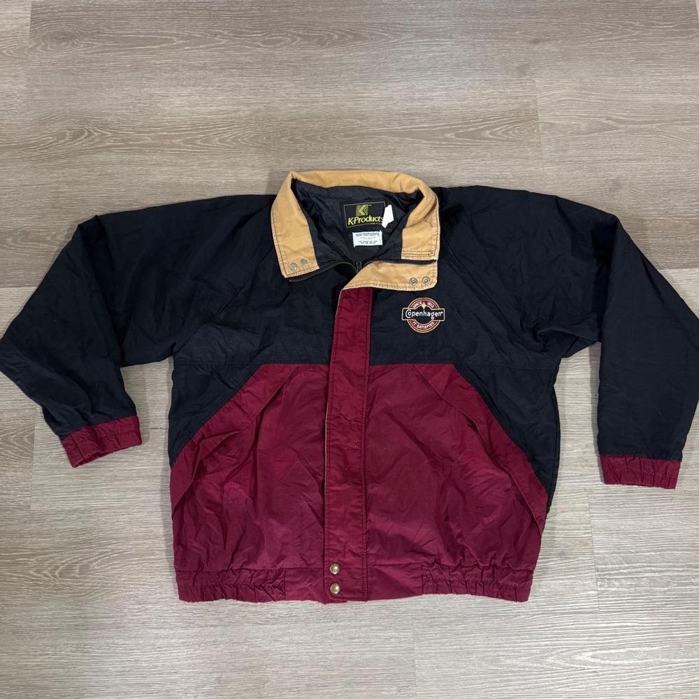 Vtg K-Products Copenhagen Jacket Mens L Black Red Vintage Tobacco Windbreaker